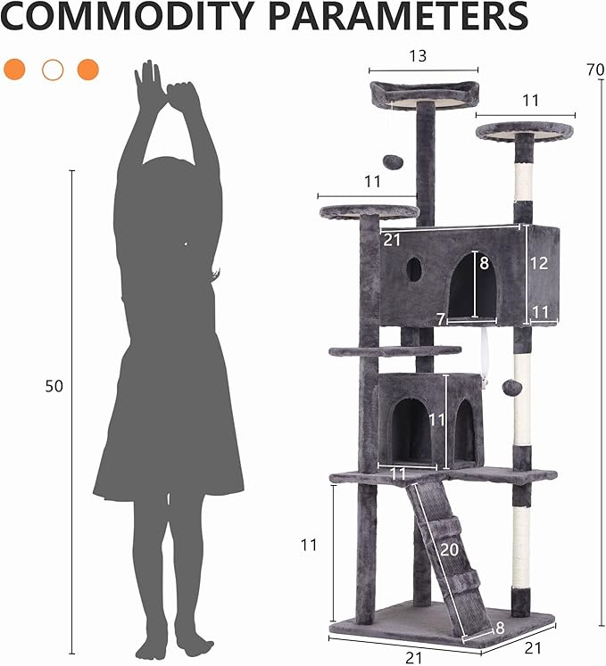 70 Inch Light Gray Cat Tree, Tall Cat Tower with 2 Condos, 3 Scratching Posts, Multi-Level Platforms - Sturdy Climbing Structure Tall Cat Tower for Indoor Cats