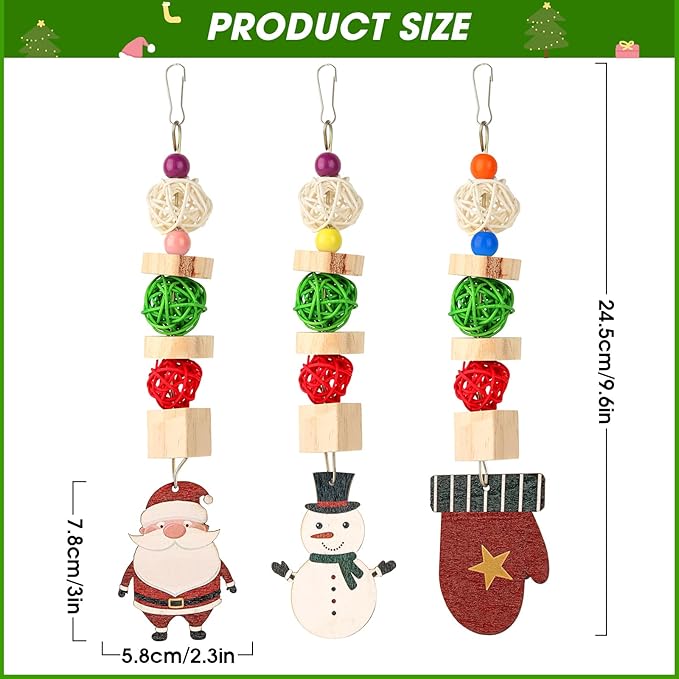 Abizoo Christmas Guinea Pig Chew Toys,3 Pcs Rabbit Chew Toys Hamster Bunny Treats Wood for Chinchilla,Hanging Christmas Themed Decor Cage Accessories for Small Animals pet Teeth Enrichment Gifts
