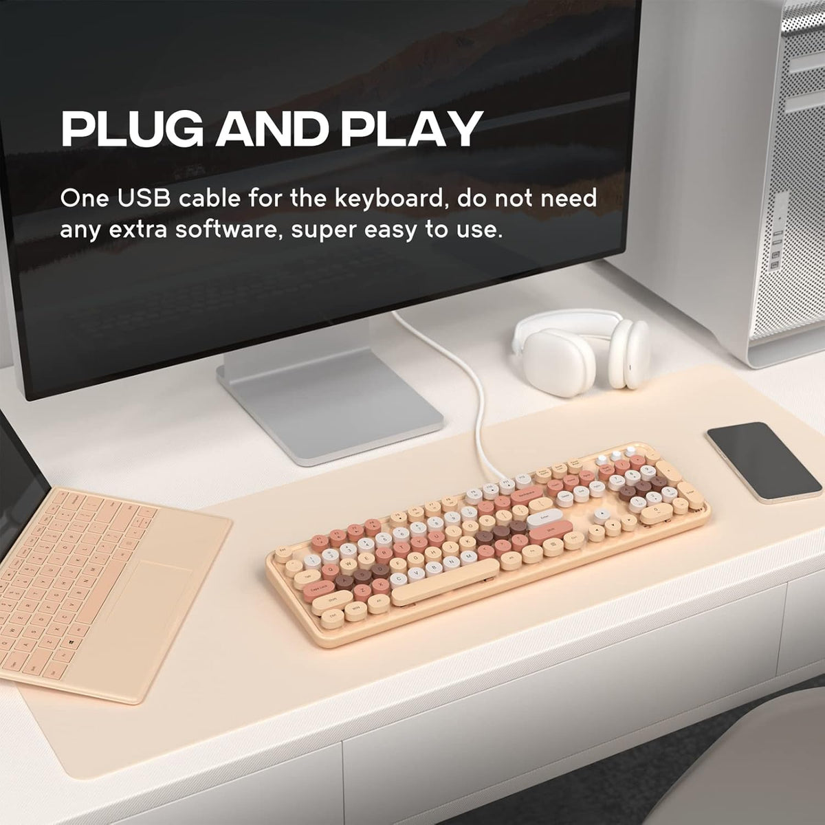 Dilter Wired Keyboard, 104 Keys Full-Sized Typewriter Keyboards, USB Plug and Play Office Keyboard with Number Pad, Caps Indicators, Foldable Stands for Windows, PC, Laptop, Desktop (Milk-Tea)