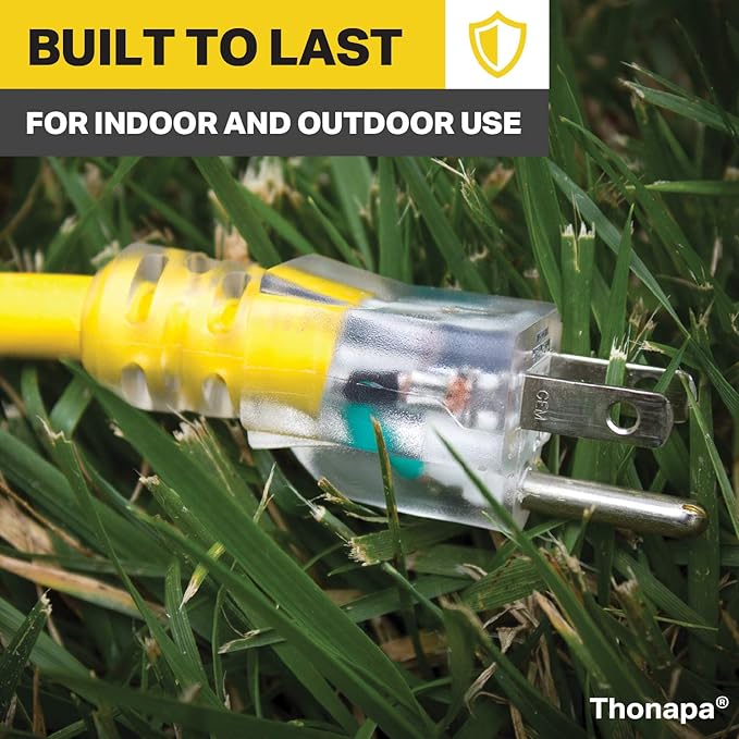 10 Gauge Extension Cord 25 Ft with 3 Outlets, 10/3 Heavy Duty Extension Cord with Multiple Outlets 3 Prong, SJTW Weatherproof Industrial Outdoor Electric Cable Yellow for Major Appliances