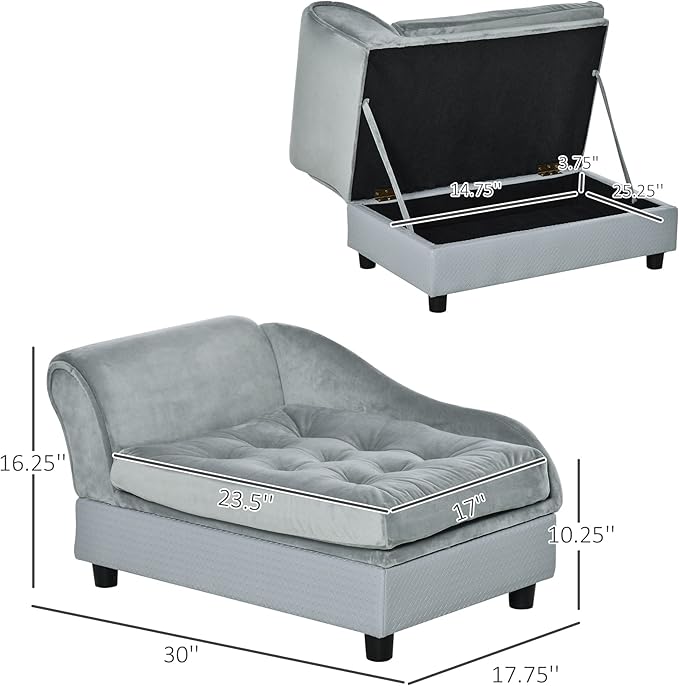 Luxury Fancy Dog Bed for Small Dogs with Hidden Storage, Small Dog Couch with Soft 3" Foam, Dog Sofa Bed, Cushy Dog Bed, Modern Pet Furniture for Puppies and Little Breeds, Gray