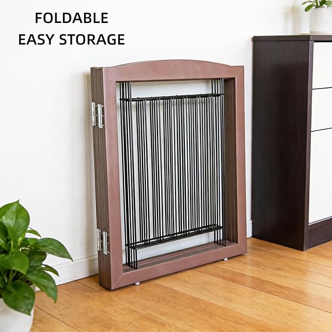ZJSF Freestanding Foldable Dog Gate for House Extra Wide Wooden Brown Puppy Gate Stairs Dog Gates Doorways Tall Pet Gate 32 "Height 4 Panels Pet Fence