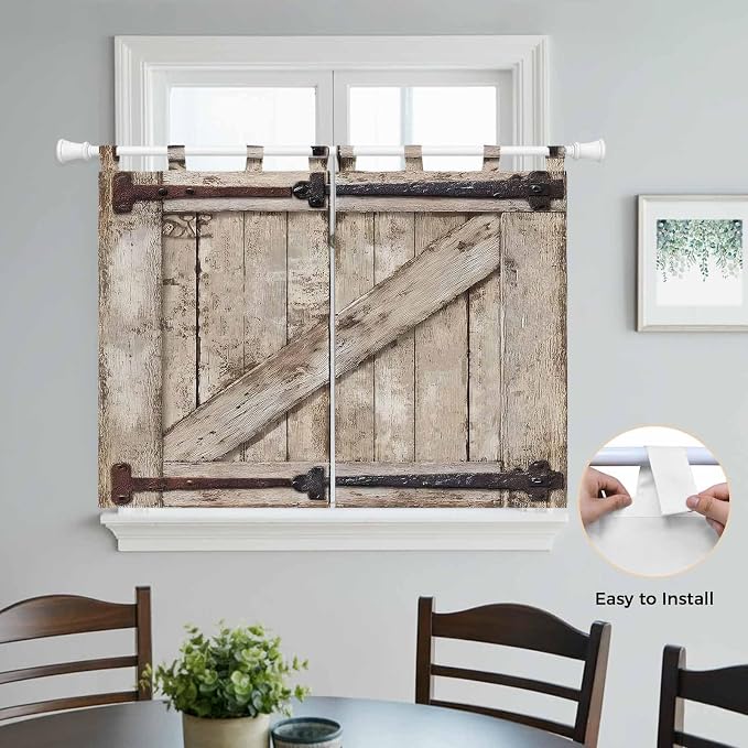 Farmhouse Wood Grain Bedroom Curtains 63 Inch Length, Window Curtains Tab Top