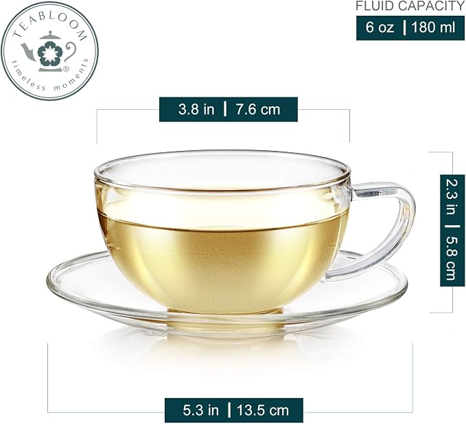 Teabloom Kyoto Teacup and Saucer Set 2-Pack – Standard Teacup Size – 6 OZ/ 180