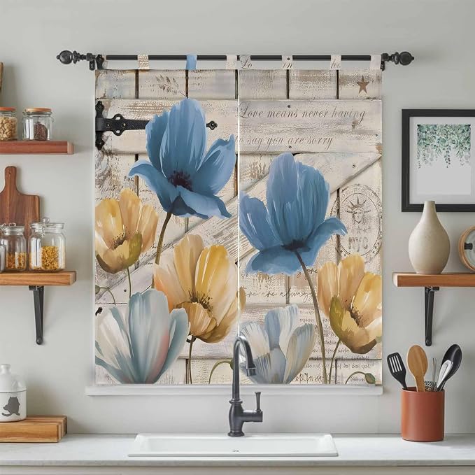 Blue Yellow Tulips Bathroom Curtains 63 Inch Length, Window Curtains Tab Top