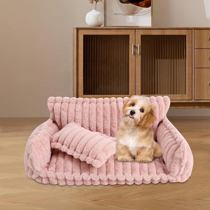 Fluffy Pet Couch Bed with Removable Washable Cover, Soft Rabbit Plush Dog Cat Bed for Small Medium Pets, L Size Pink Couch with Non-Slip Bottom and Pillow (Pink)