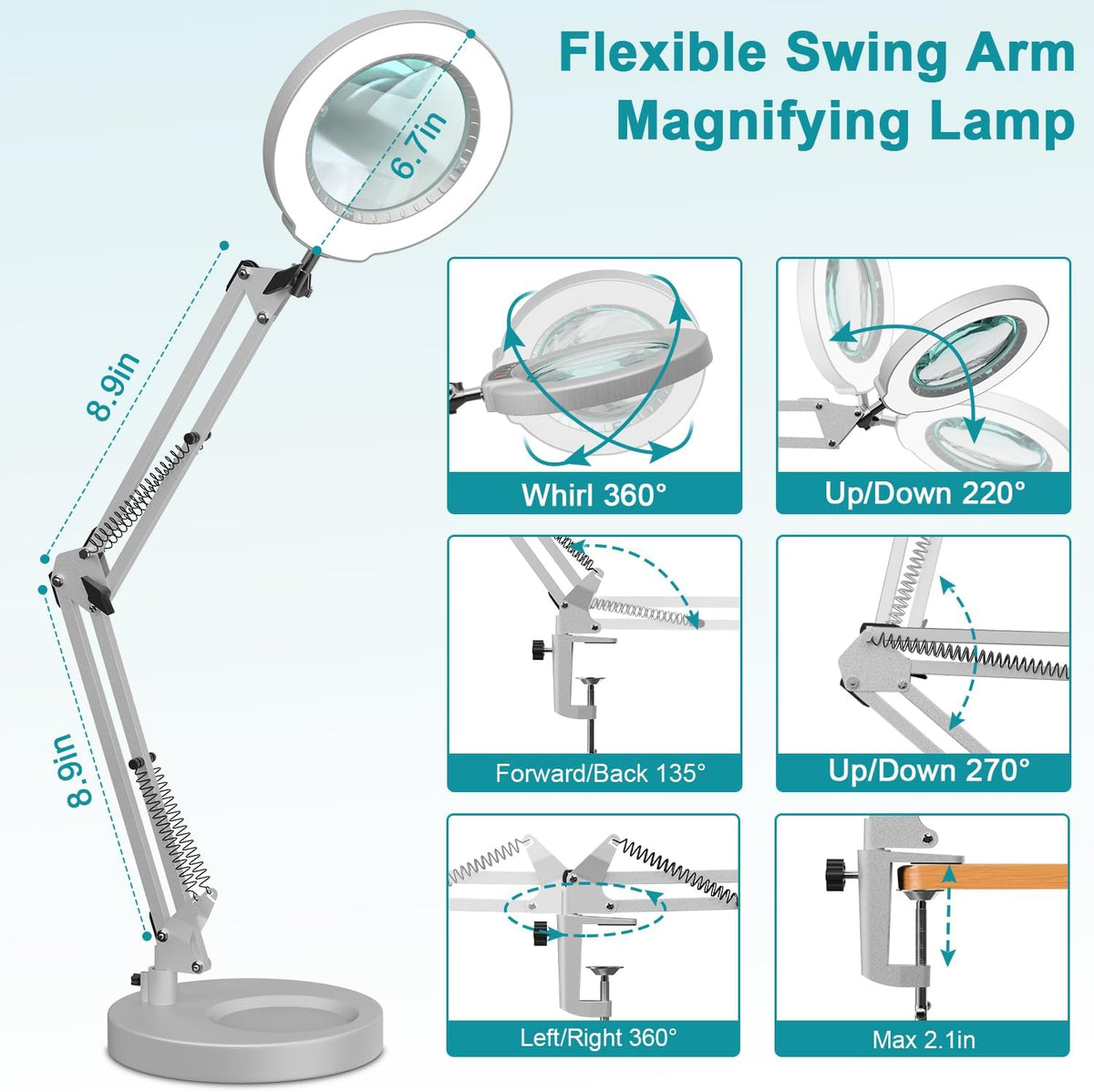 12X Magnifying Glass with Light and Stand, 5 Color Modes, Brightness Stepless Dimmable LED Lighted Magnifier Hands Free, 2-in-1 Desk Lamp & Clamp Light, Magnifier Lamp for Crafts - Silvery