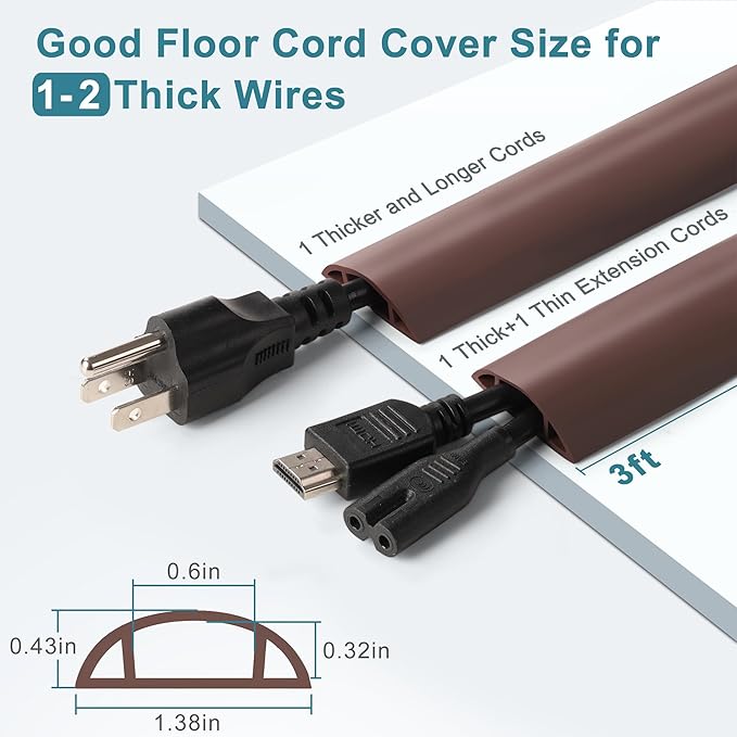 Floor Cable Cover 3ft Brown, LZEOY Cord Covers for Wires on Floor, Low Profile Cord Hider Cable Management, Office/Carpet Compatible