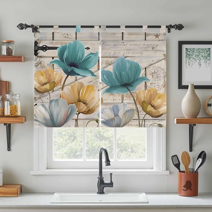 Watercolor Flowers Bedroom Curtains 63 Inch Length, Window Curtains Tab Top