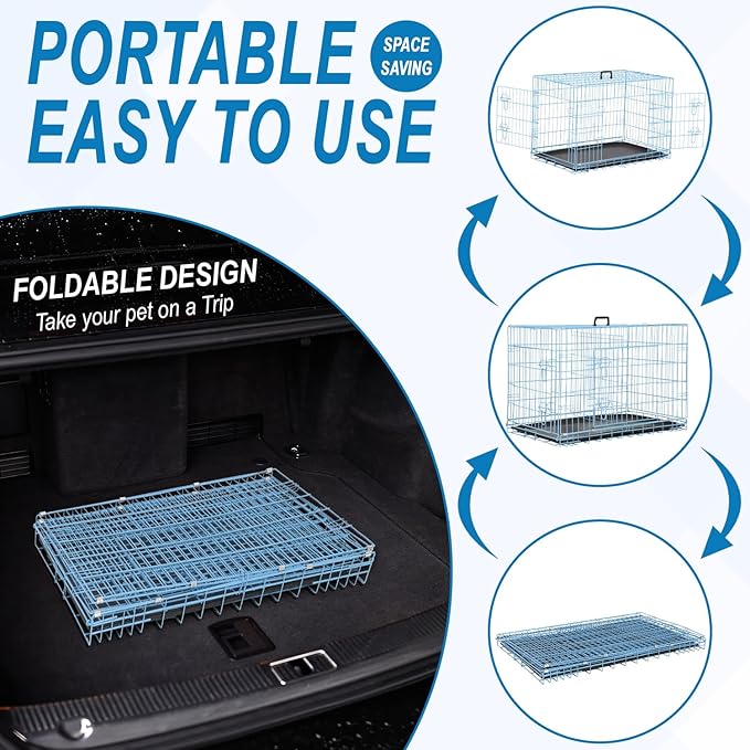 36 inch Dog Crates for Medium Dogs Folding Metal Wire Dog Cage Kennel, Indoor Outdoor Dog Crate Kennels with Handle&Proof Tray Portable Pet Kennel Blue
