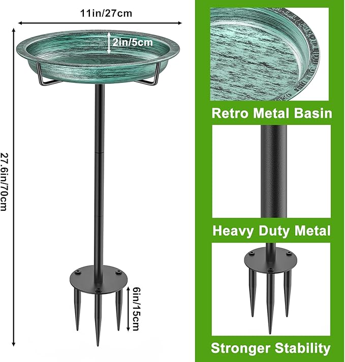 Bird Baths for Outdoors, Detachable Birdbaths for The Garden Clearance, Heavy Duty Freestanding Bird Baths, Bird Bath Bowl Spa & Birdfeeder with Metal Stake Stand (Retro Green)