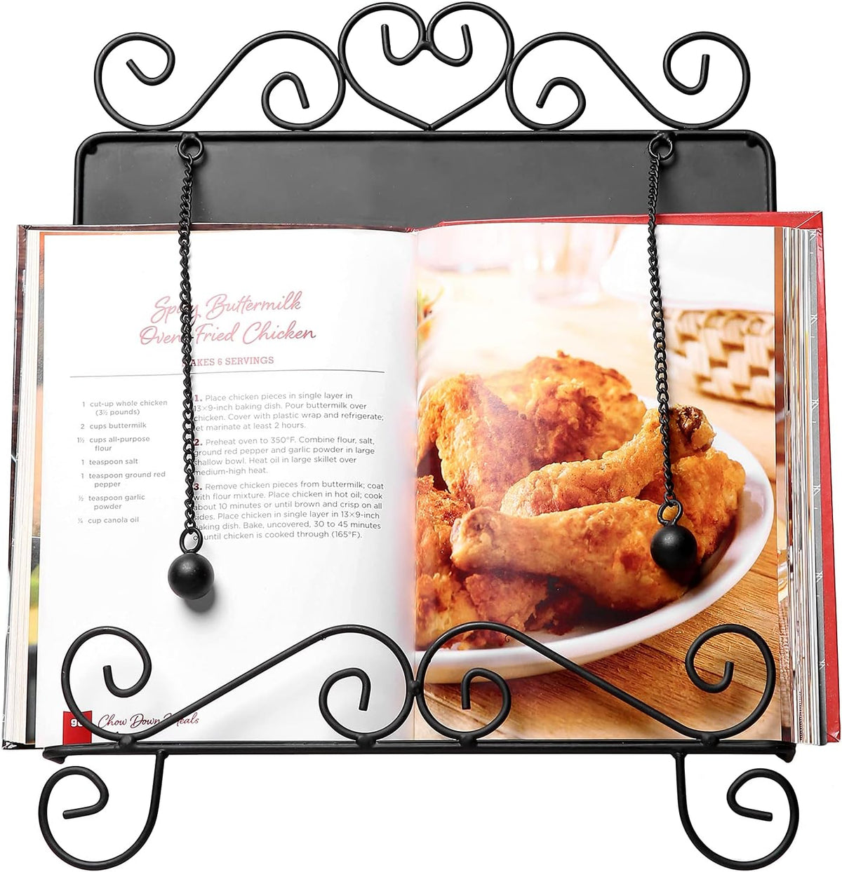 MyGift Black Metal Cookbook Stand for Kitchen Counter, Cookbook Easel Stand with Weighted Page Holder and Vintage Scrollwork Design