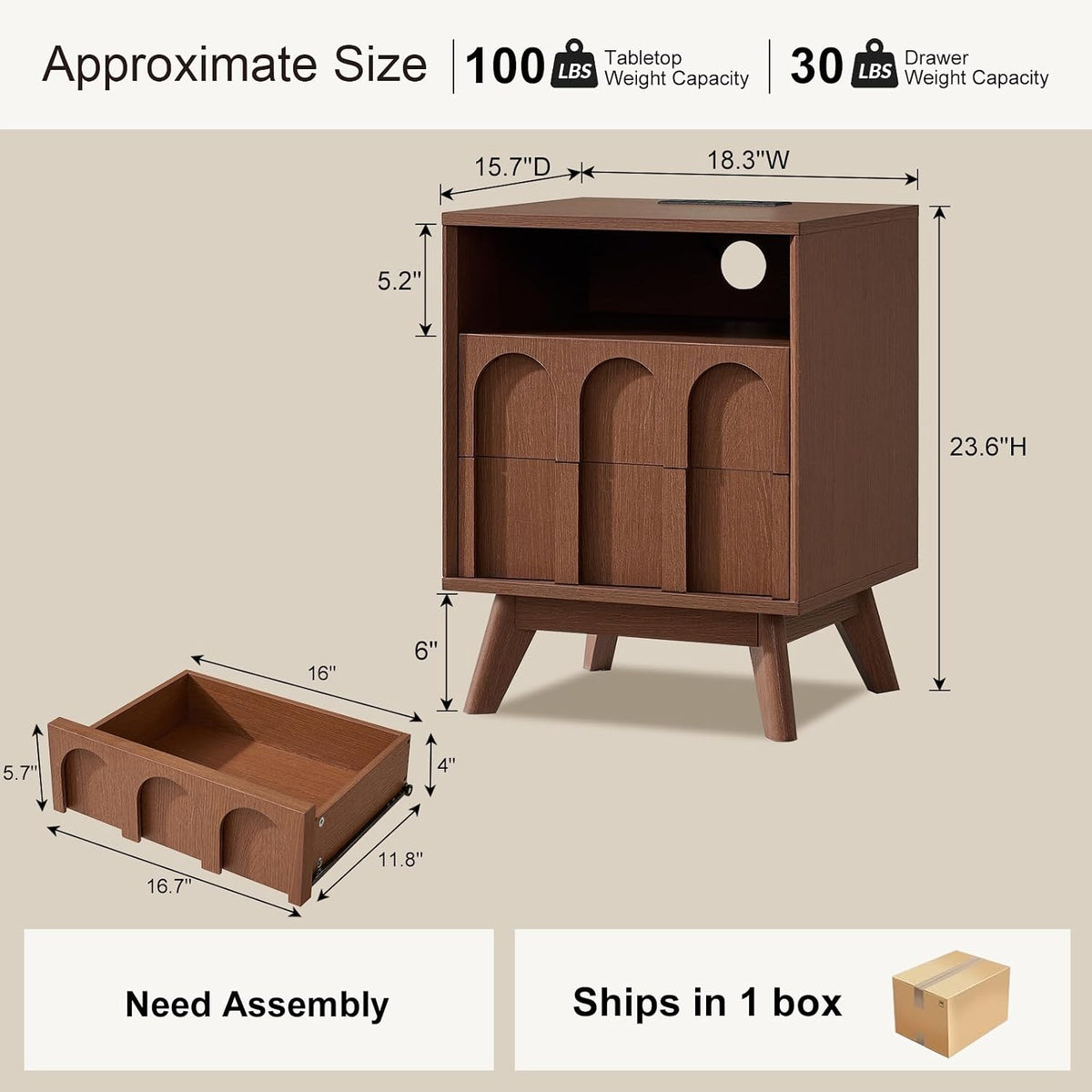 Oak&Sparrow Mid Century Modern Dresser for Bedroom, Walnut 2 Drawer Dresser with Arched Front, Open Shelf, Charging Station, 18.3'' Wide Storage Organizer