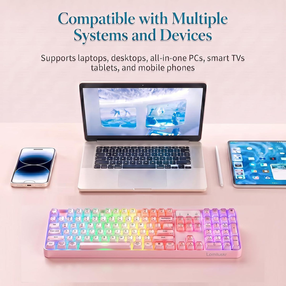 Lomiluskr RGB Arc Wireless Keyboard, BT/2.4G/Wired Tri-Mode, Full Size Crystal Texture Translucent Jelly Keycaps, 2000mAh Rechargeable, Compatible with PC/Notebook/Tablet/Smartphone (Pink)