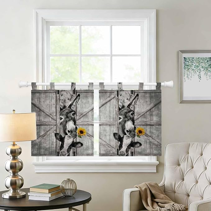 Funny Farm Animals Kitchen Curtains 36 Inch Length, Small Window Curtains Tab