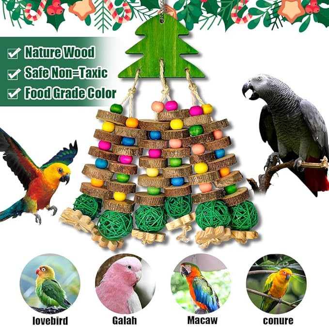 Parrot Toys, Large Bird Parrot Chewing Toys for Medium-Sized Macaws, Natural Wooden Blocks Christmas Tree Shape, African Grey Parrots, Amazon Parrots, Medium-Sized Bird