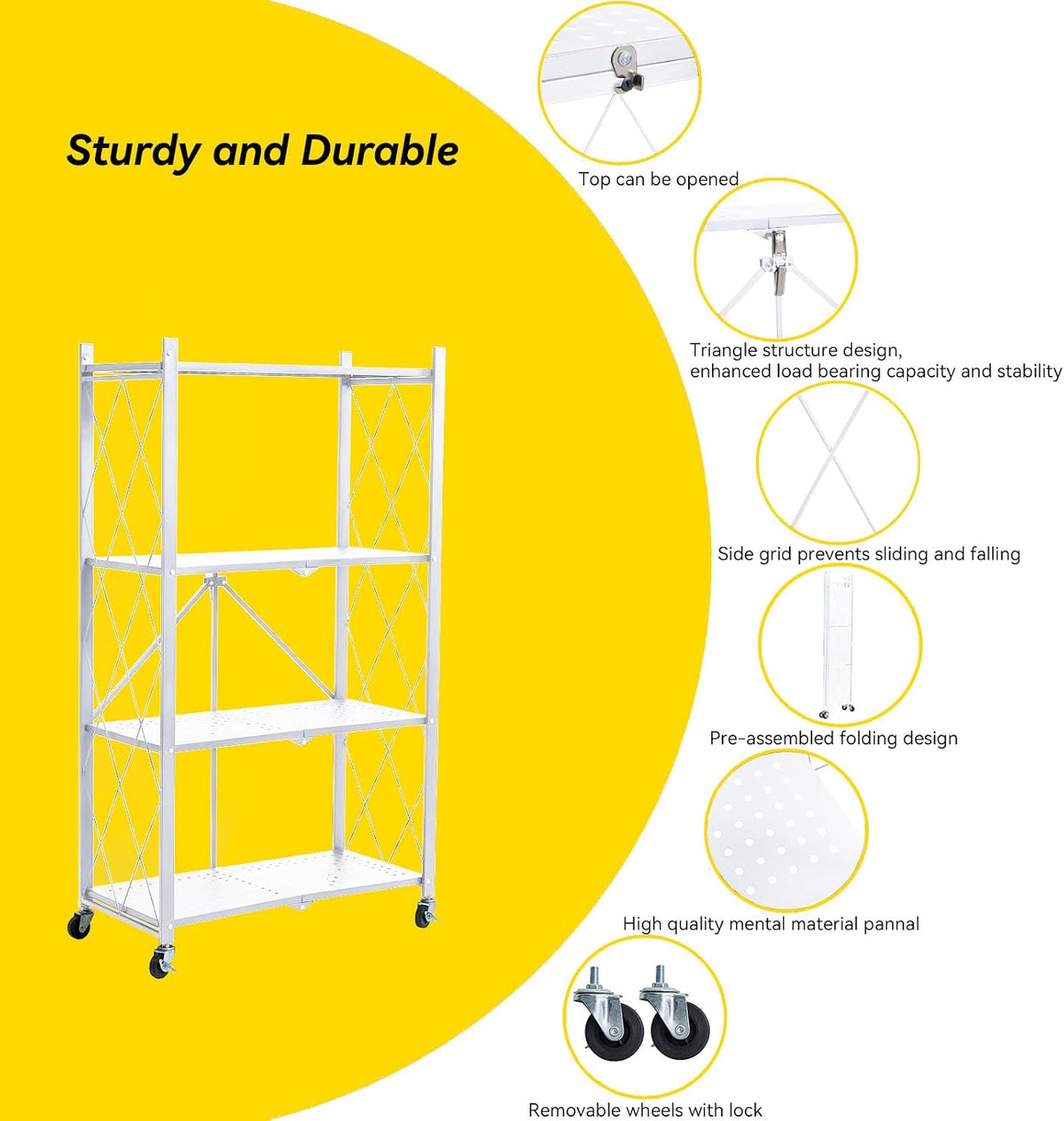 BRIAN & DANY 4-Tier Foldable Storage Shelves with Wheels, Folding Metal Rack Shelving Unit, Heavy Duty No Assembly Organizer Shelf for Garage, Kitchen, Pantry, White