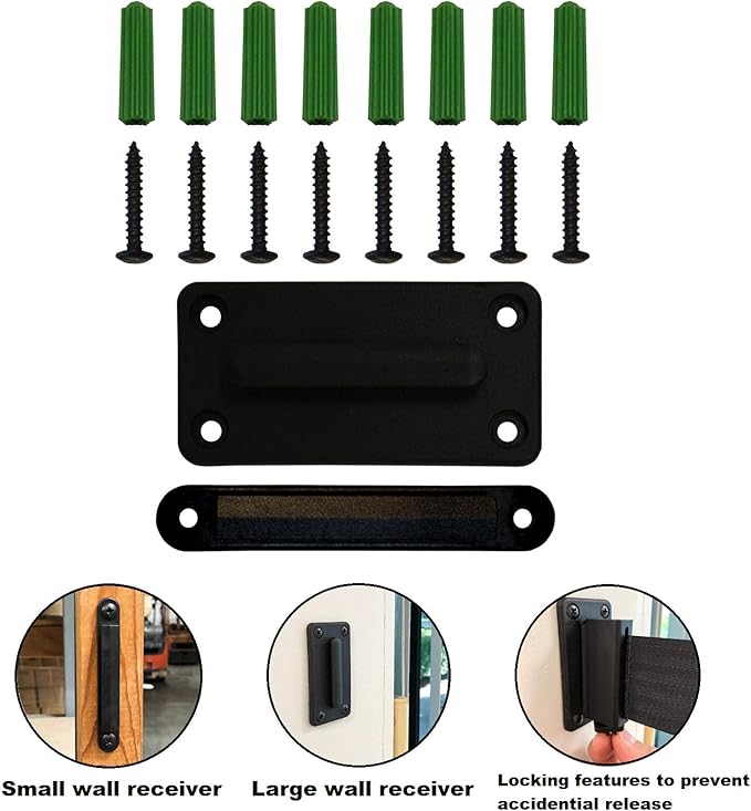 Retractable Stanchion, 6 SPECIALTY Posts + Signframe, 36" Ht, 78" Special Event & Holiday Theme Belt + Bonus Replacement Cassettes + Wall Receiver (WHT Post/Checker Belt)