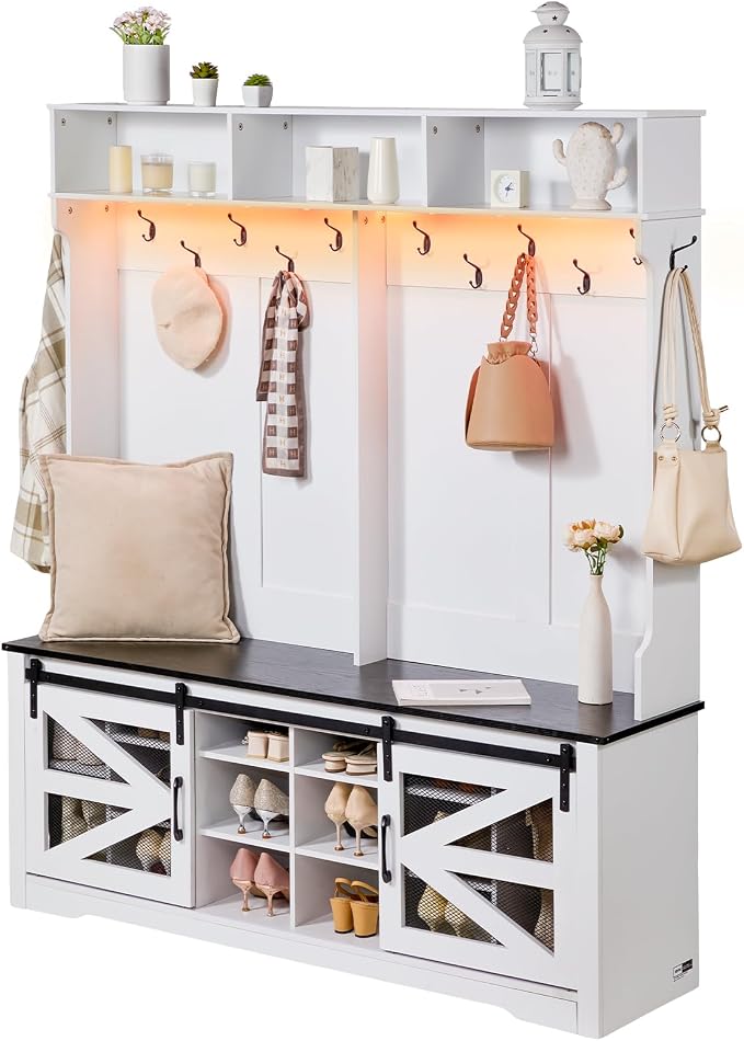 VEVOR Hall Tree Entryway Bench, LED Coat Rack