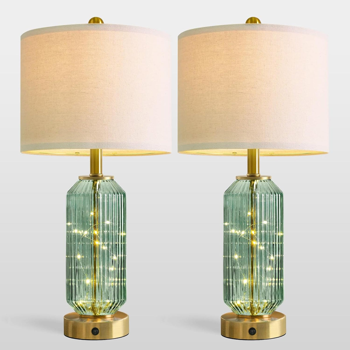 Oneach 24.5" Bedside Table Lamps Set of 2, Green Glass Nightstand Lamps with USB A+C Charging Ports and Night Light, Gold Modern Lamps for Bedroom, Living Room, End Table (2 Bulbs Included)