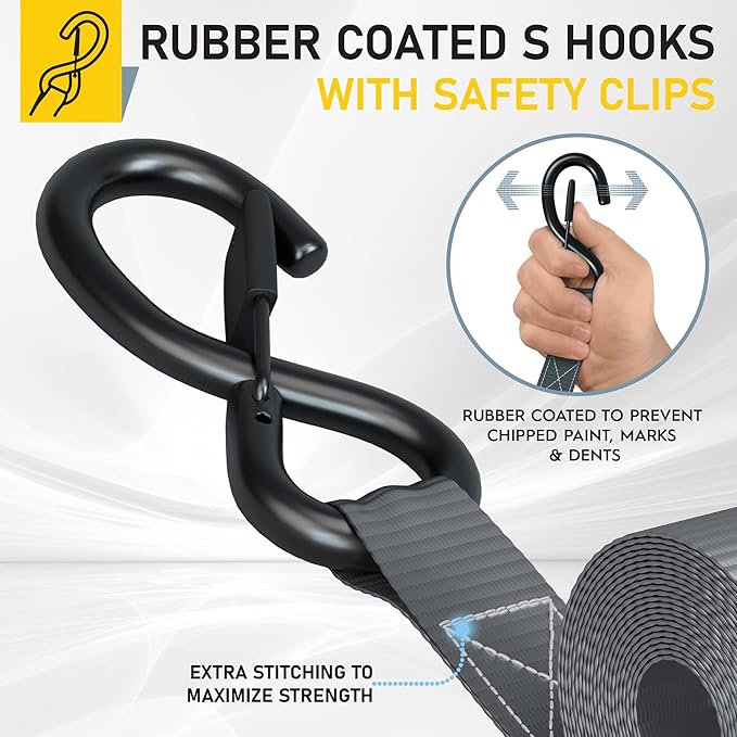 AUGO Ratchet Straps Heavy Duty 4 Pack -15 FT - 2200 LB Break Strength – with Safety Lock S Hooks - Cargo Straps for Moving, Appliances, Motorcycle – Soft Loop Tie Downs