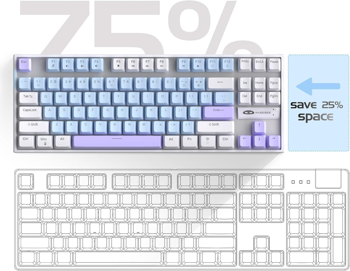 MageGee 75% Mechanical Gaming Keyboard, Blue Switch, LED Blue Backlit, 87 Keys Compact TKL Wired Keyboards for Windows Laptop PC Gamer - Blue/White