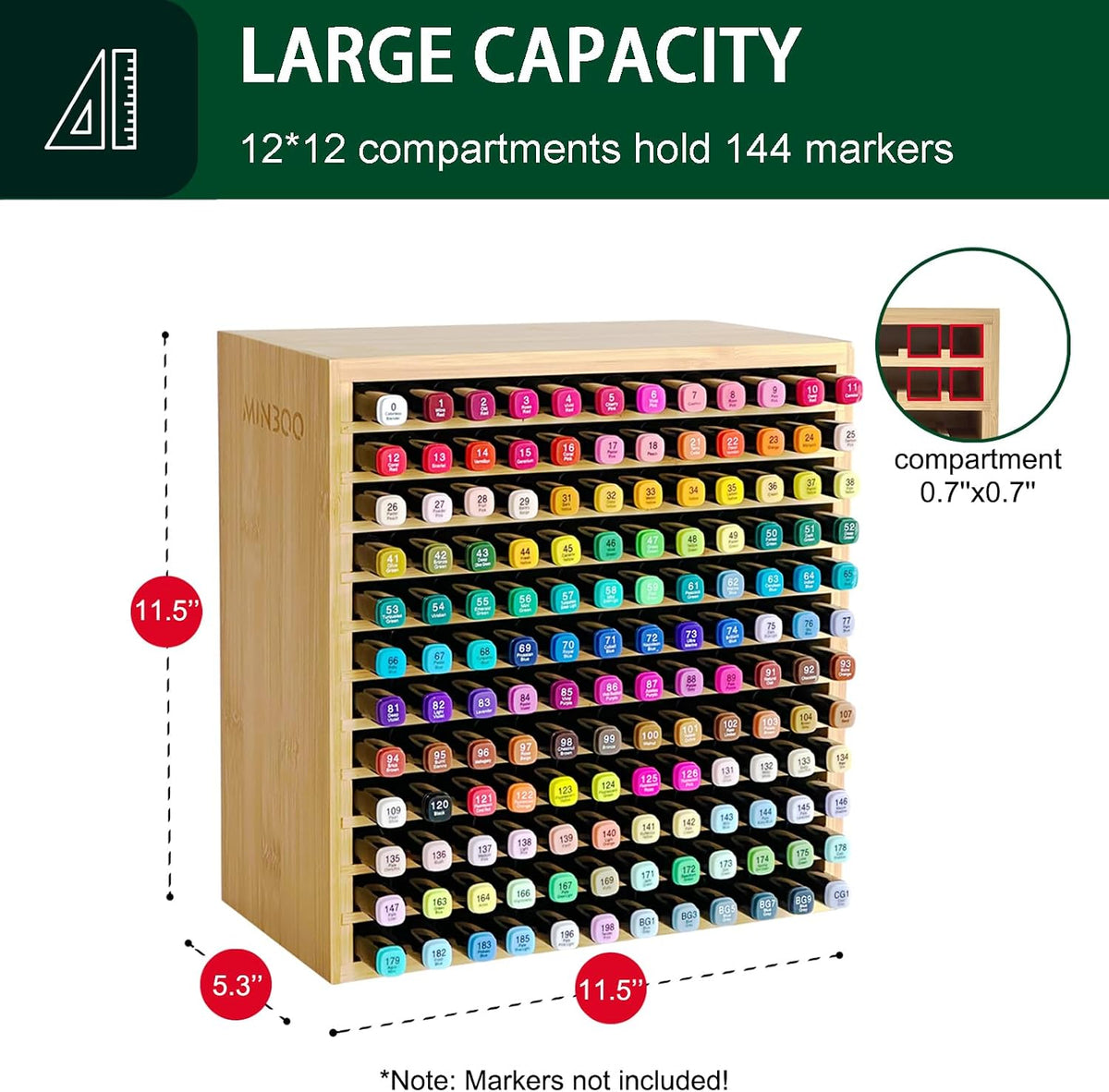MinBoo Marker Organizer for 144 Markers, Bamboo Art Supply Storage Organizer Rack, Art Markers Pens Colored Pencils Paint Brushes Stationary Organizer Holder for Home Classroom Office Desk Decor