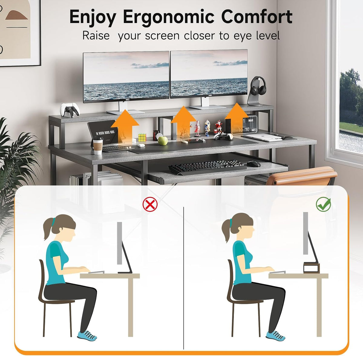 VERMESS Computer Desk- 48 Inch Home Office Desk with Keyboard Tray, 47" Gaming Desk with Full Monitor Stand & Storage Shelves & CPU Stand, Modern Study Writing Table with Shelf for Storage, Gray Oak