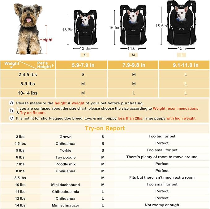 WOYYHO Pet Dog Carrier Backpack Small Dog Front Backpack Ventilated Dog Carrier Back Pack with Storage Pockets, Adjustable Straps & Safety Belt for Travel Hiking Outdoor(Size L: 10-14 lbs, All Black)