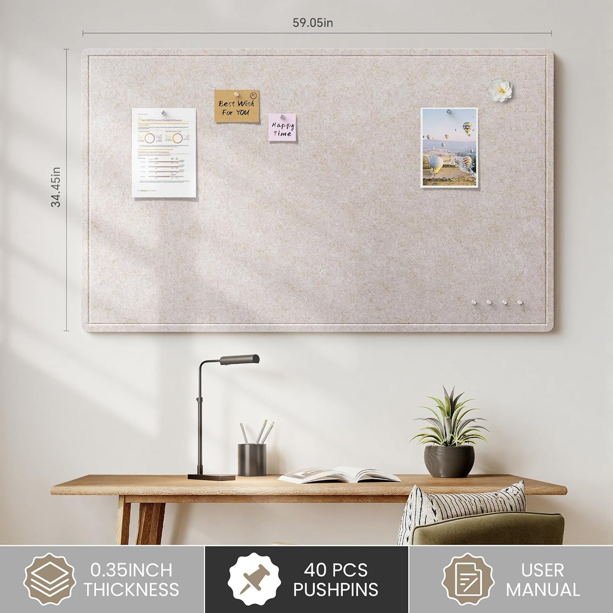 Bulletin Board, 60 X 35 inches Decorative Felt Cork Board Alternative with Pushpins, Foldable Felt Notice Pin Board Photo Display Board for Office Home School Wall