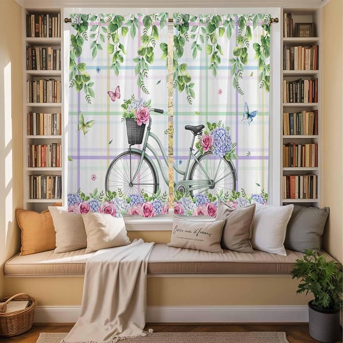 Spring Kitchen Curtains, Bicycles Botanical Leaves Rose Colorful Stripes Light