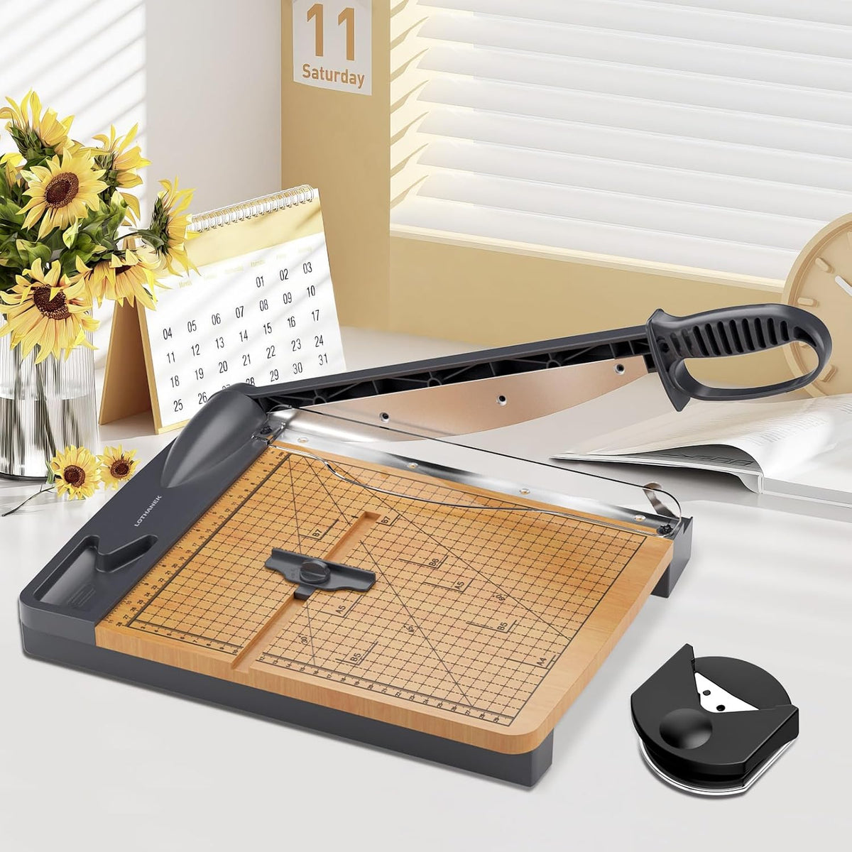 12 Inch Wood Guillotine Paper Cutter, Heavy Duty Paper Trimmer with Wood Base, Cuts 25-32 Sheets, Cutting Board for Cardstock, Crafts, Classroom, Art Projects