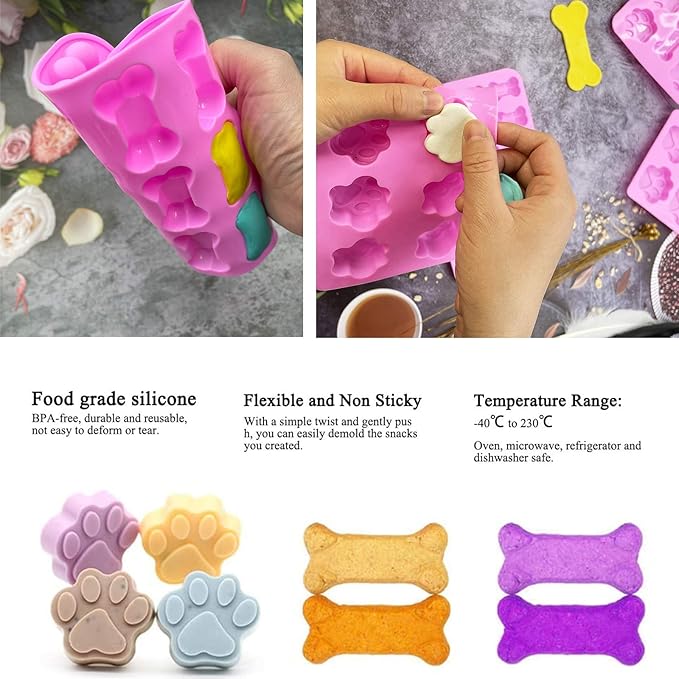Dog Baking Supplies - Silicone Molds, Stainless Steel Puppy Paw Bone House Cookie Cutters, with 100 Pieces Dog Treat Bags for Homemade Chocolate, Candy, Jelly, Ice Cube, Doggie Treats