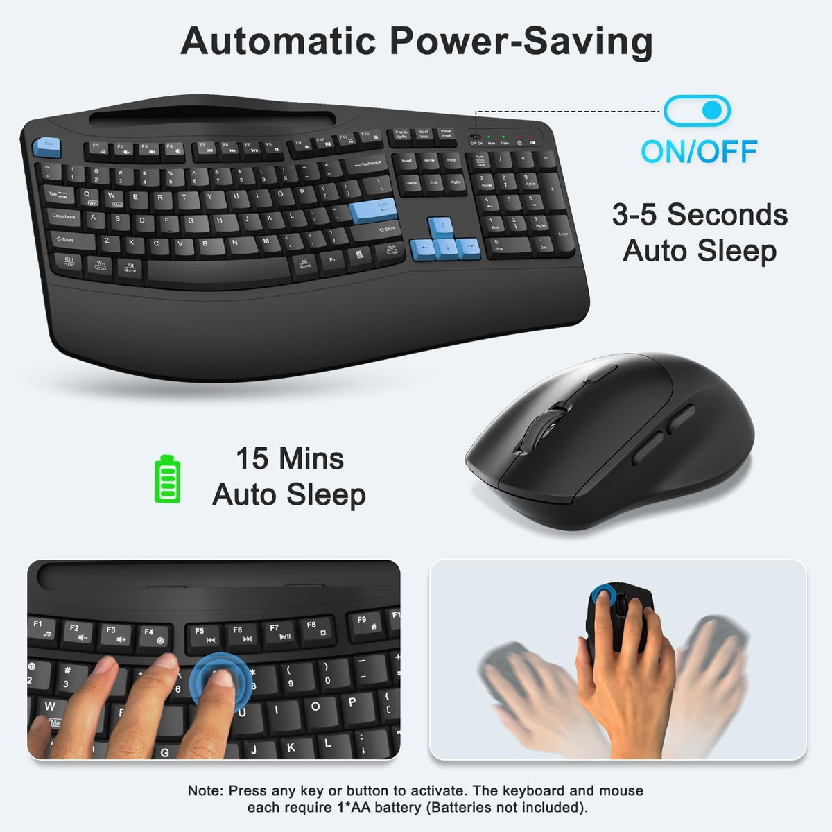 Wireless Keyboard and Mouse Combo, Full Size Ergonomic Wave Keys(Blue)