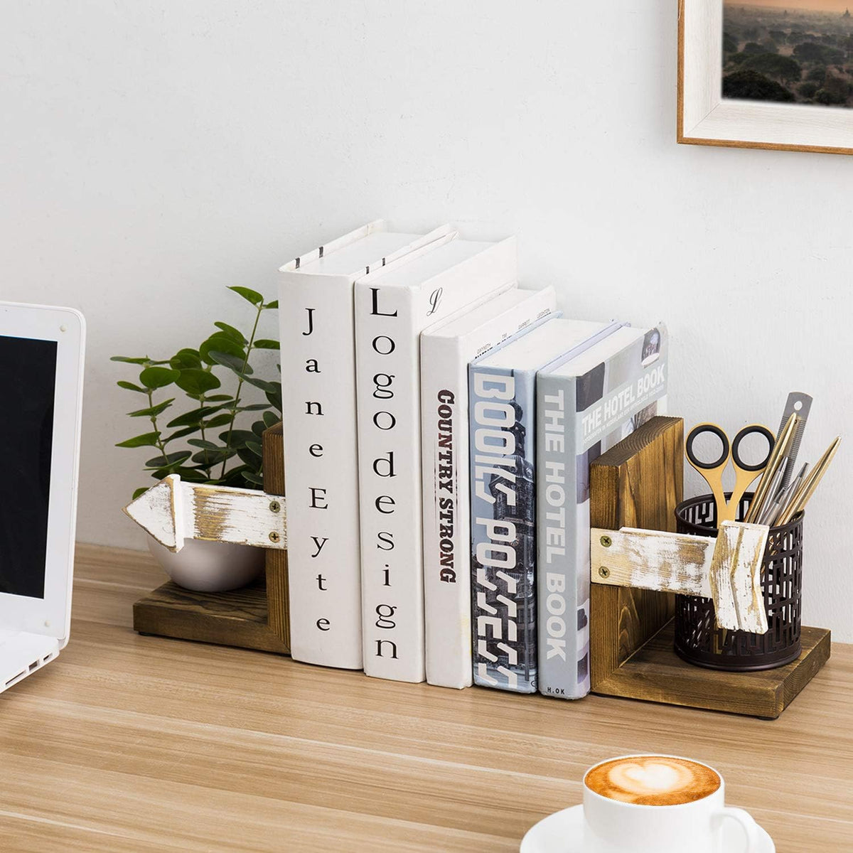 MyGift Farmhouse Bookends, Rustic Book Ends Kitchen, Tabletop Boho Bookend Support Stands, Whitewashed Arrow Design and Burnt Dark Brown Wood