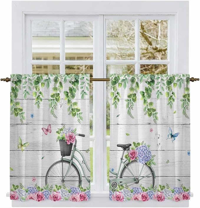 Spring Kitchen Curtains, Bicycles Botanical Rose Leaves Butterfly Wood Grain