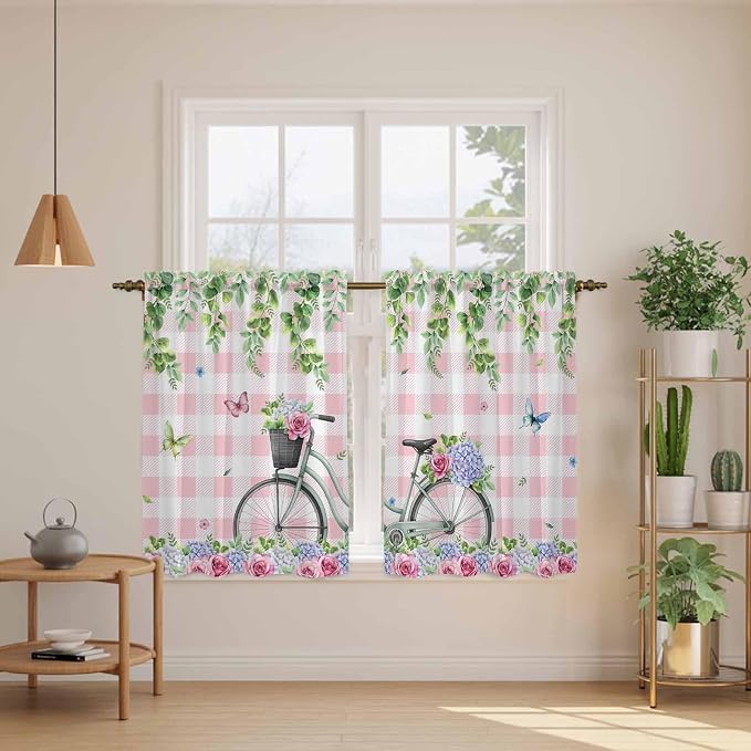 Spring Tier Curtains, Bicycles Leaves Butterfly Flowers Pink Buffalo Plaid