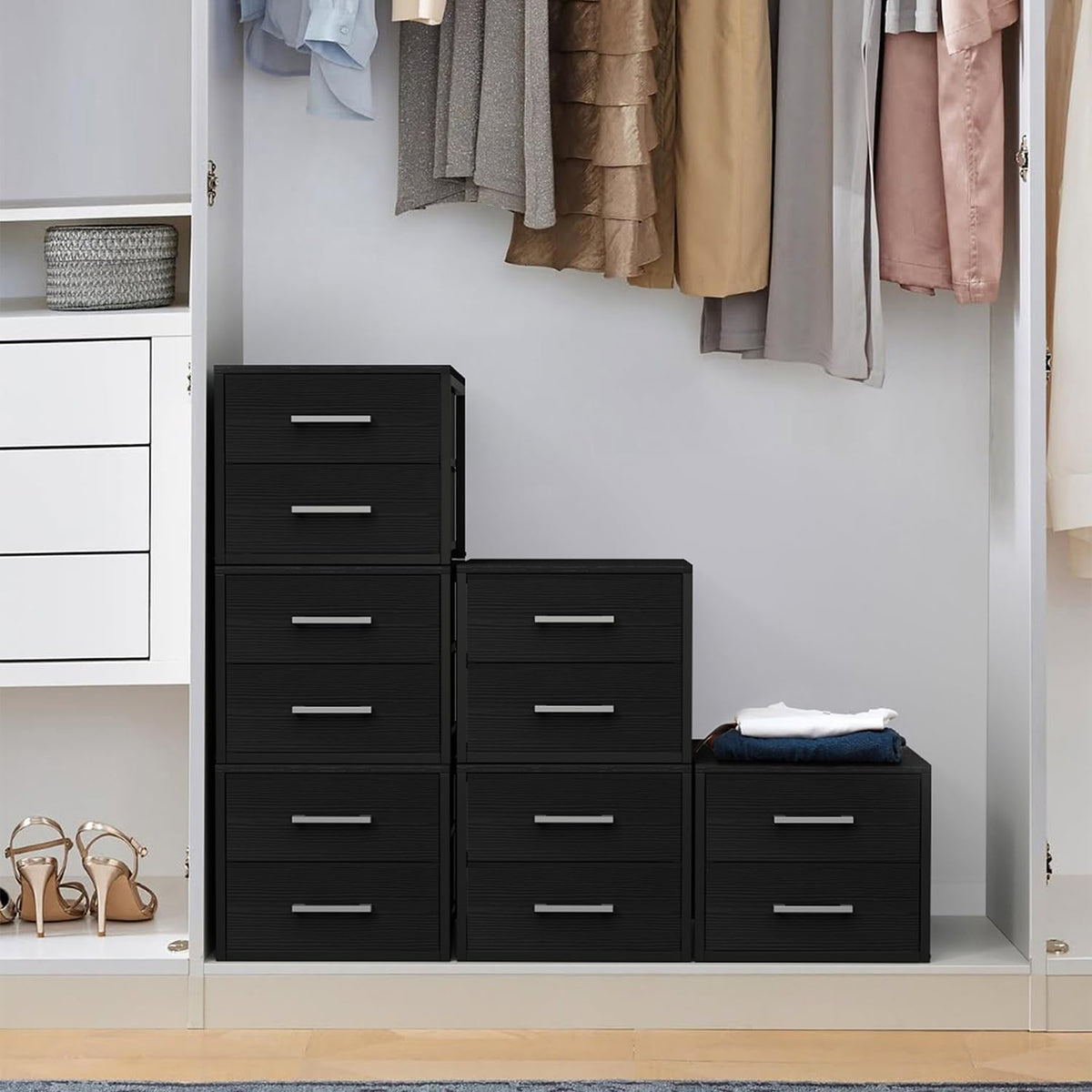BOLUO Stackable Storage Drawers Narrow Closet Organizers and Storage Fabric Black 2 Drawer Dresser for Bedroom 2 Packs Modern