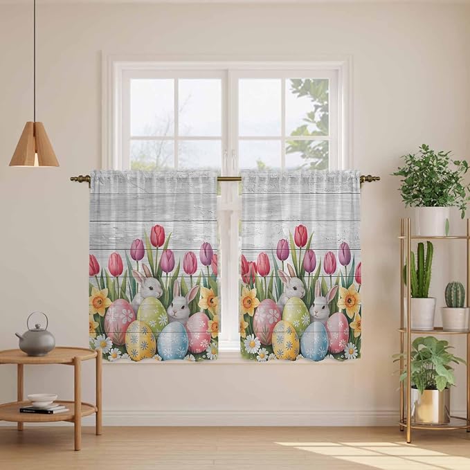 Easter Kitchen Tier Curtains 45 Inch Long 2 Panel Set, Rod Pocket Short Window