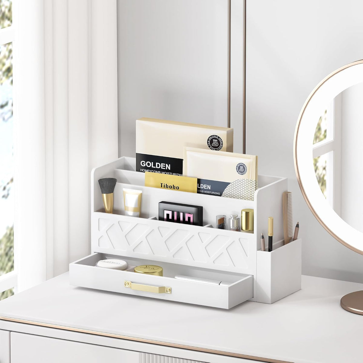 Wisuce Bamboo Mail Organizer Countertop with Drawer and Pen Holder, White