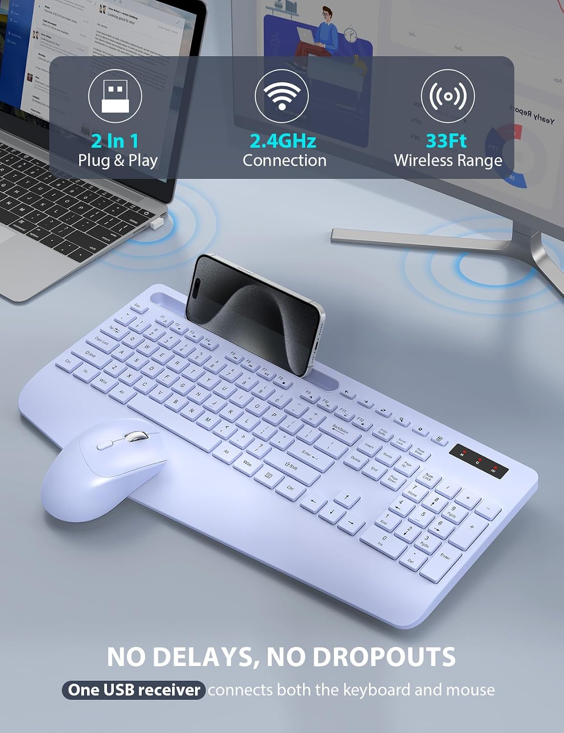 Wireless Keyboard and Mouse Combo - Full-Sized, Ergonomic Wrist Rest (Purple, 1 Pack)