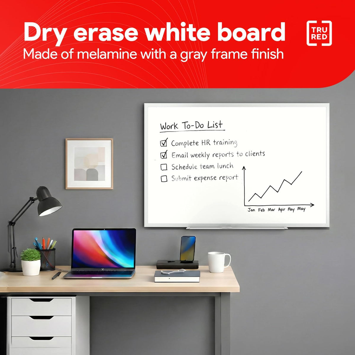 Staples TRU RED Melamine Whiteboard | Dry Erase Board for Wall, White Board with Gray Aluminum Frame, 3 ft x 2 ft