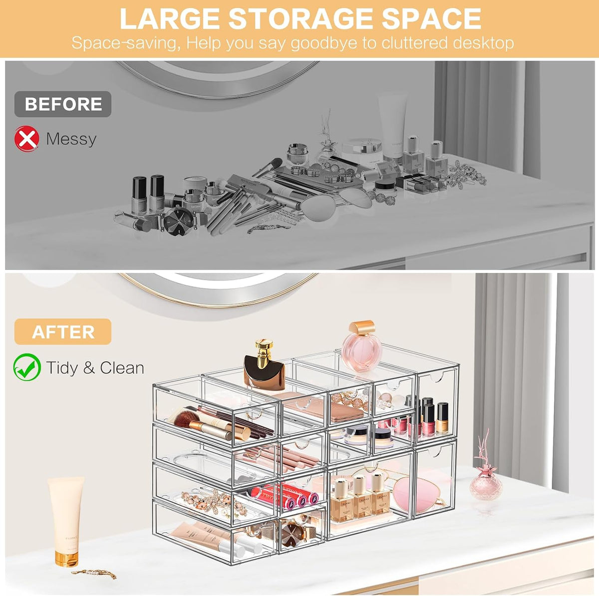 Desk Organizer with 7 Drawers, Clear, Stackable
