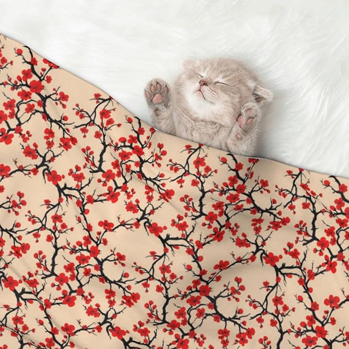 Pet Blanket for Car Rides Vet Visits, Blossom Japanese Cherry, Two Sided Reversible Plush Design with Bumpy Dot Side Offers Comfort Home Piece On Go Travel