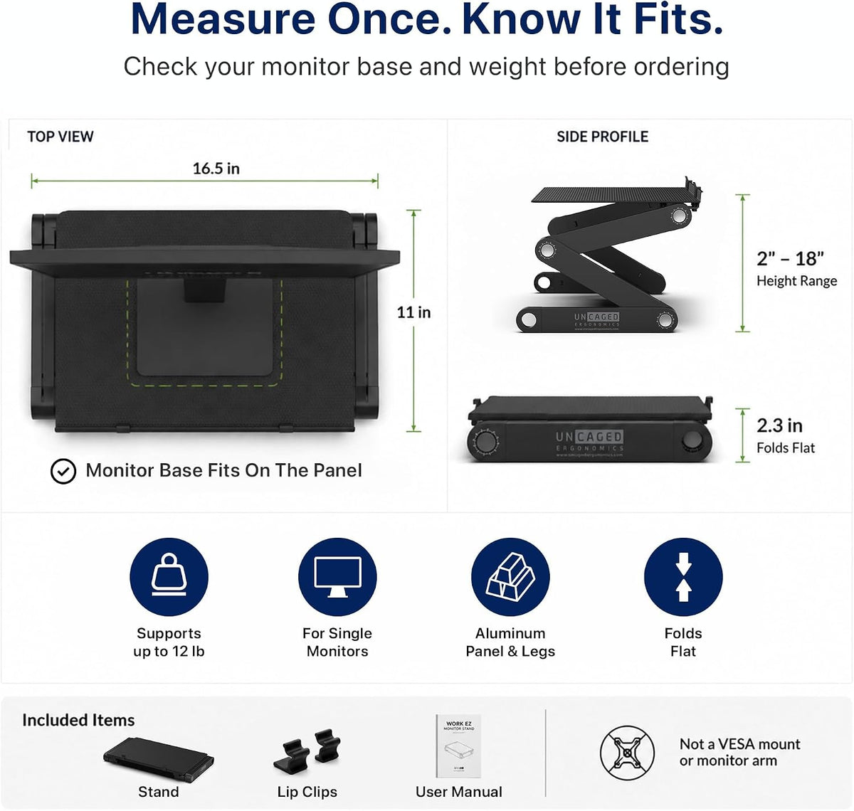 Uncaged Ergonomics WorkEZ Adjustable Monitor Stand Riser for Desk, Black