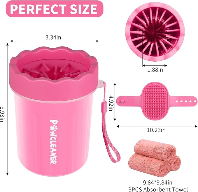 Professional 7 in 1 Dog Paw Cleaner for Dogs & Cats - Includes 1 Portable Paw Washer, 1 Bath Brush, 2 Dog Toothbrushes and 3 Absorbent Towels Note: Fits Paws up to 2 Inches Wide (Small, Pink)
