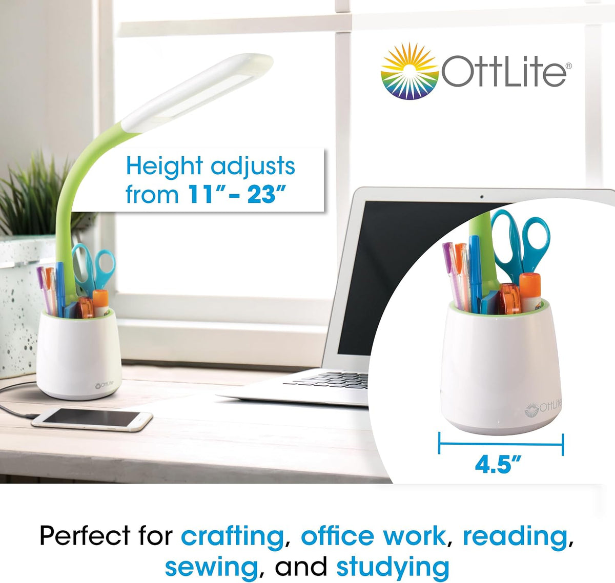 OttLite Organize LED Desk Lamp with USB Port, White and Green