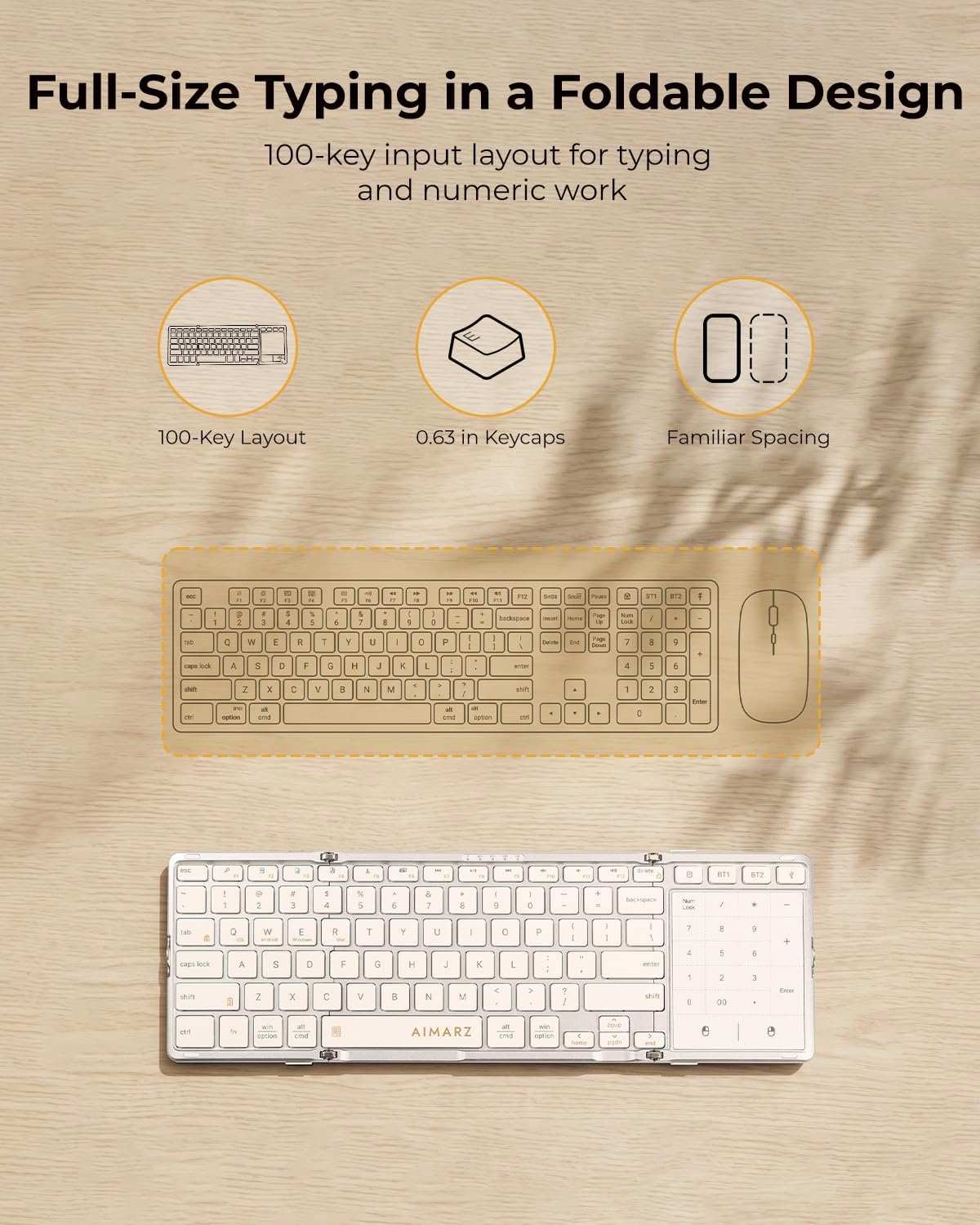 AIMARZ AF01 Foldable Keyboard, Full-Size Keys, Touchpad/Number Pad, White