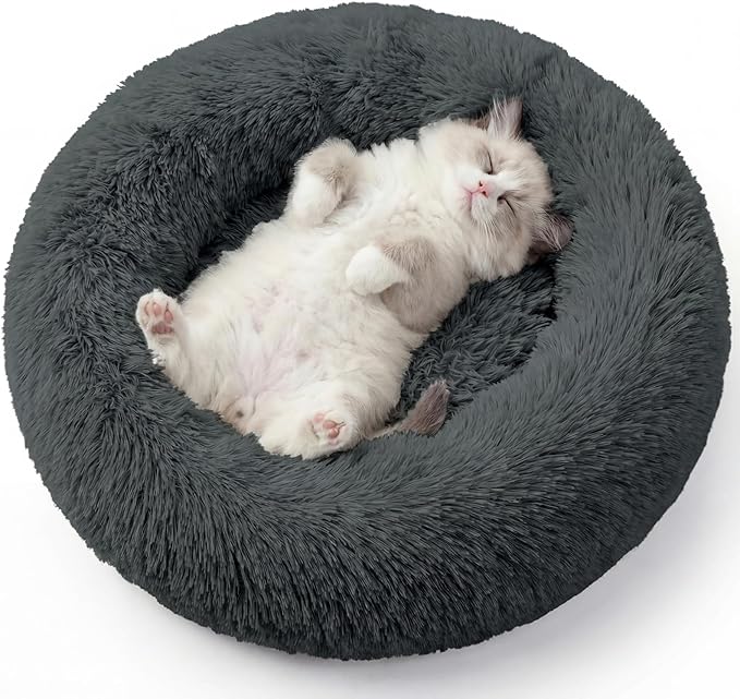Calming Dog Bed, 20" x 20" x 6" Fits Cat & Dog, Anti-Slip Round Washable Faux Fur for Doze Off, Napping Orthopedic, Dark Grey