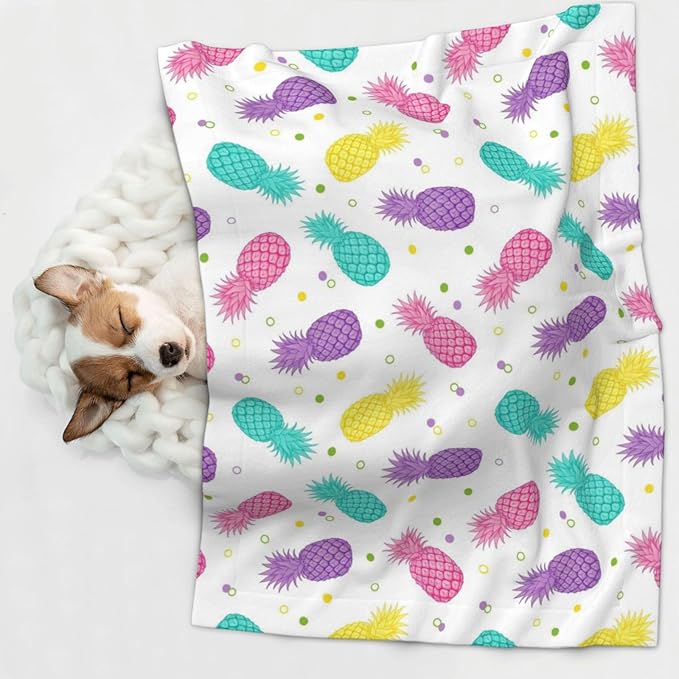 Two Sided Plush Pet Blanket for Crates Carriers Home Use, Colorful Tropical Summer Pineapple Print, Reversible Throw with Cozy Dot Fabric and Silky Reverse for Small Large Pets